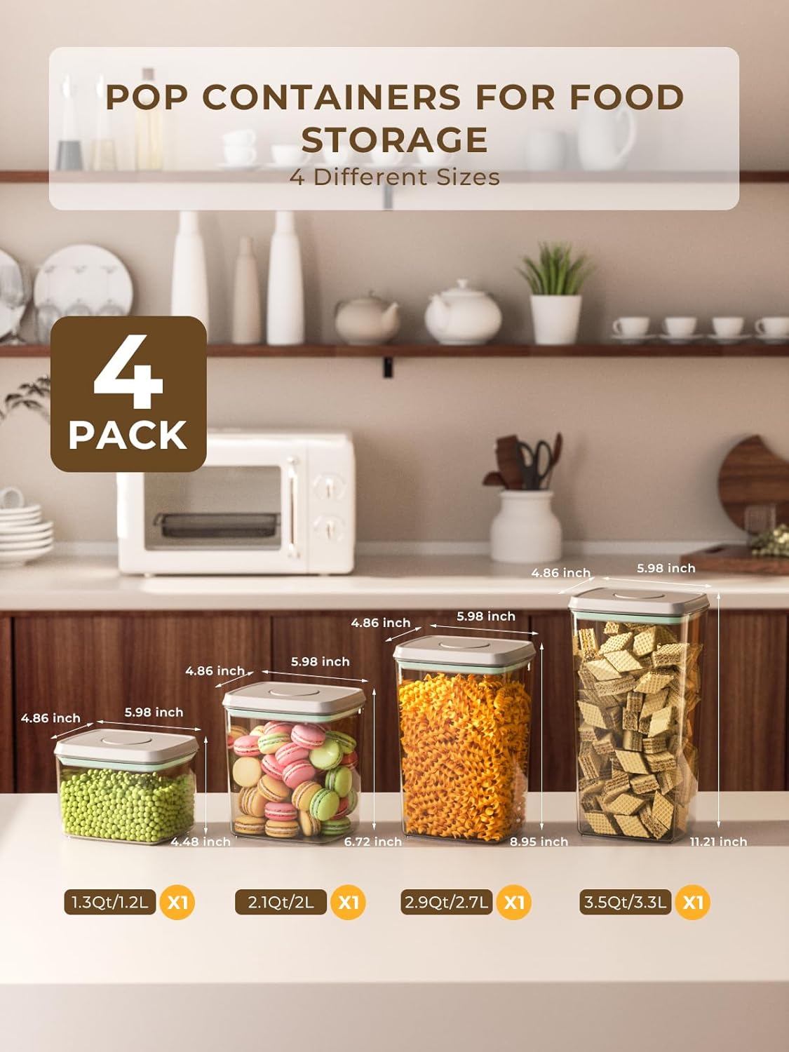 Pop Storage Set – 4 Pack Airtight Food-Grade Containers with Lids, BPA-Free, with Measurement Marks