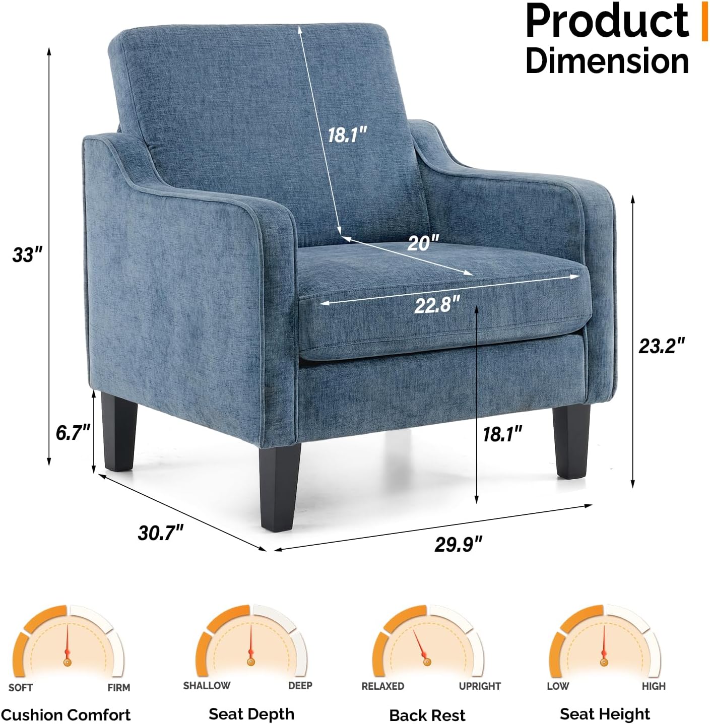 VINGLI Mid Century Modern Accent Chair,Navy Blue Chenille Chairs for Living Room Upholstered