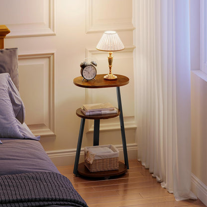 Side Table, Small End Table with Metal Frame, 3-Tier Bedside Tables, Round Side Tables for Living