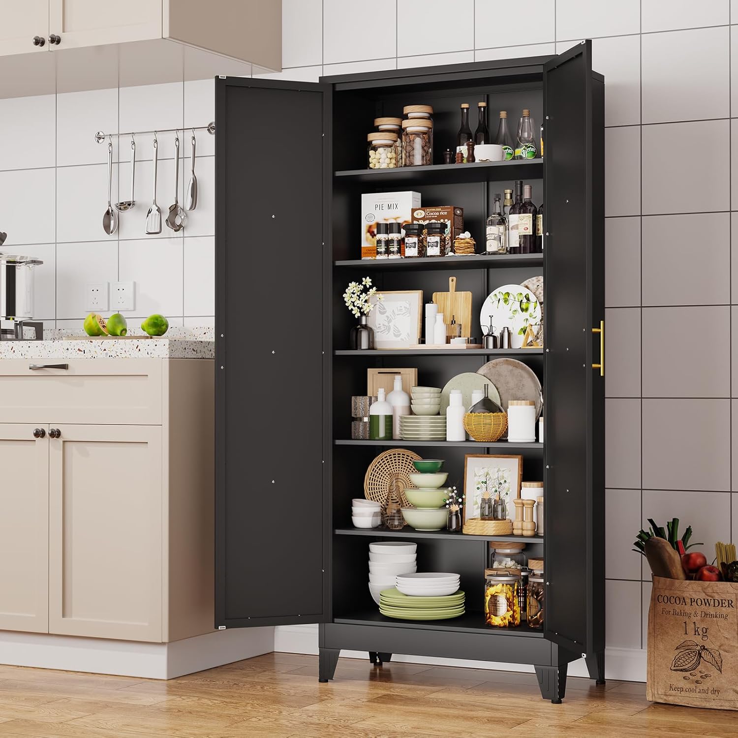 75" Tall Metal Kitchen Pantry Storage Cabinet, Freestanding Cupboard with 2 Doors and 5 Adjustable