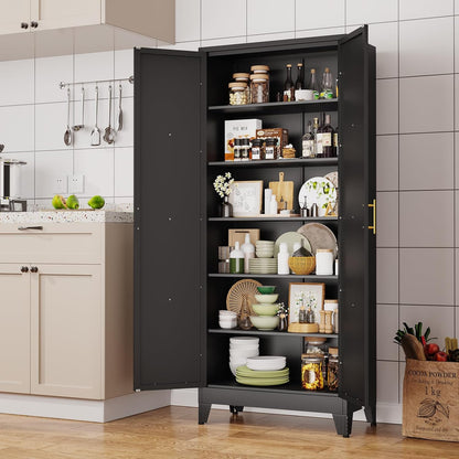 75" Tall Metal Kitchen Pantry Storage Cabinet, Freestanding Cupboard with 2 Doors and 5 Adjustable