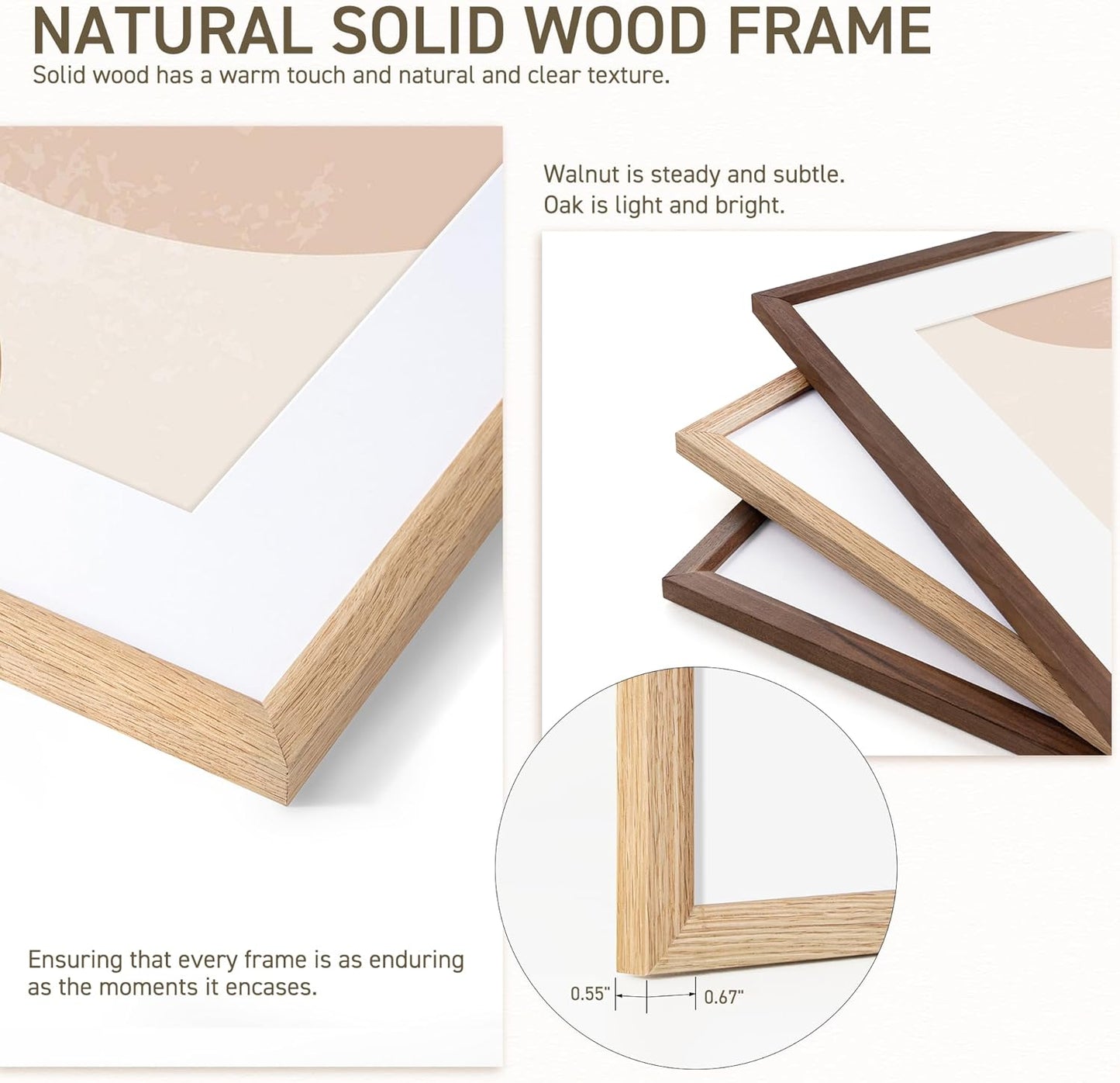 8x10 Picture Frame Set of 4 Natural Solid Oak Photo Frames with 5x7 Removable Mat Wall Hanging