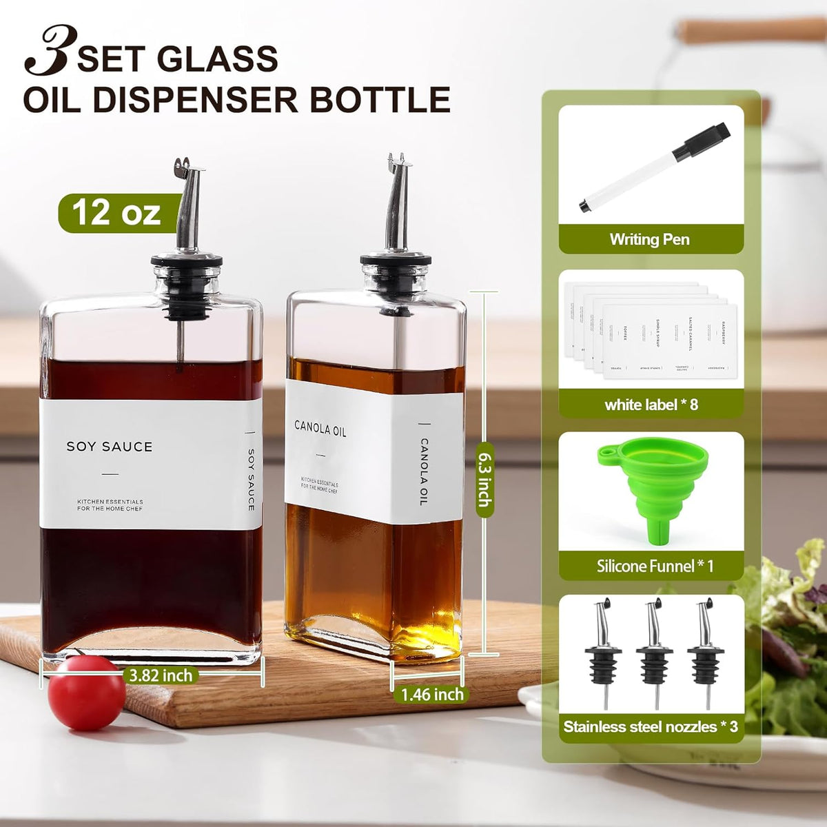Olive Oil Dispenser Bottle for Kitchen, 3 Pack Glass Oil and Vinegar Dispenser Set, Elegant Book
