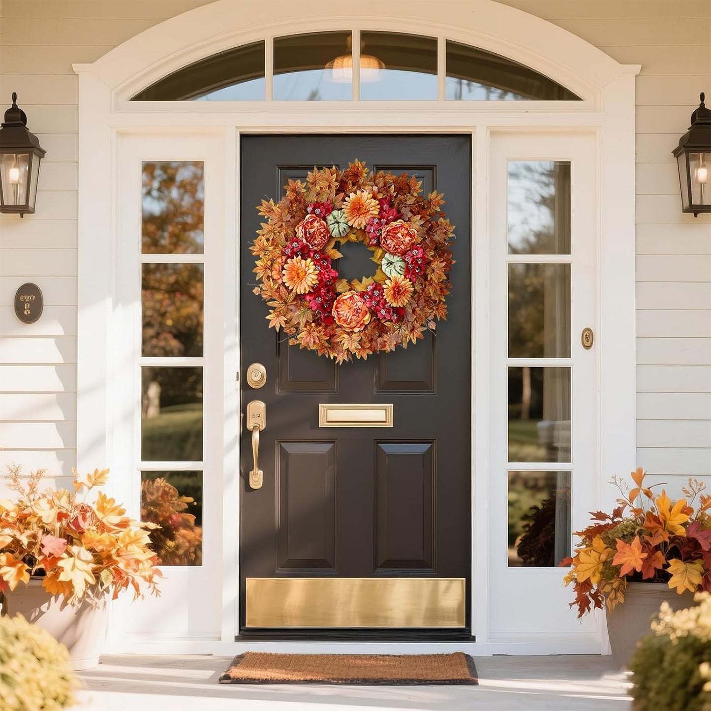 26" Fall Wreath for Front Door - Large Artificial Maple Leaves Fake Silk Peony Faux Pumpkin Outdoor