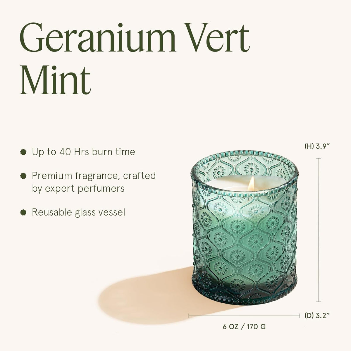 LA JOLIE MUSE Geranium Vert Mint Candle - Mint, Geranium, Lavender | 6 oz Natural Soy Wax | 40