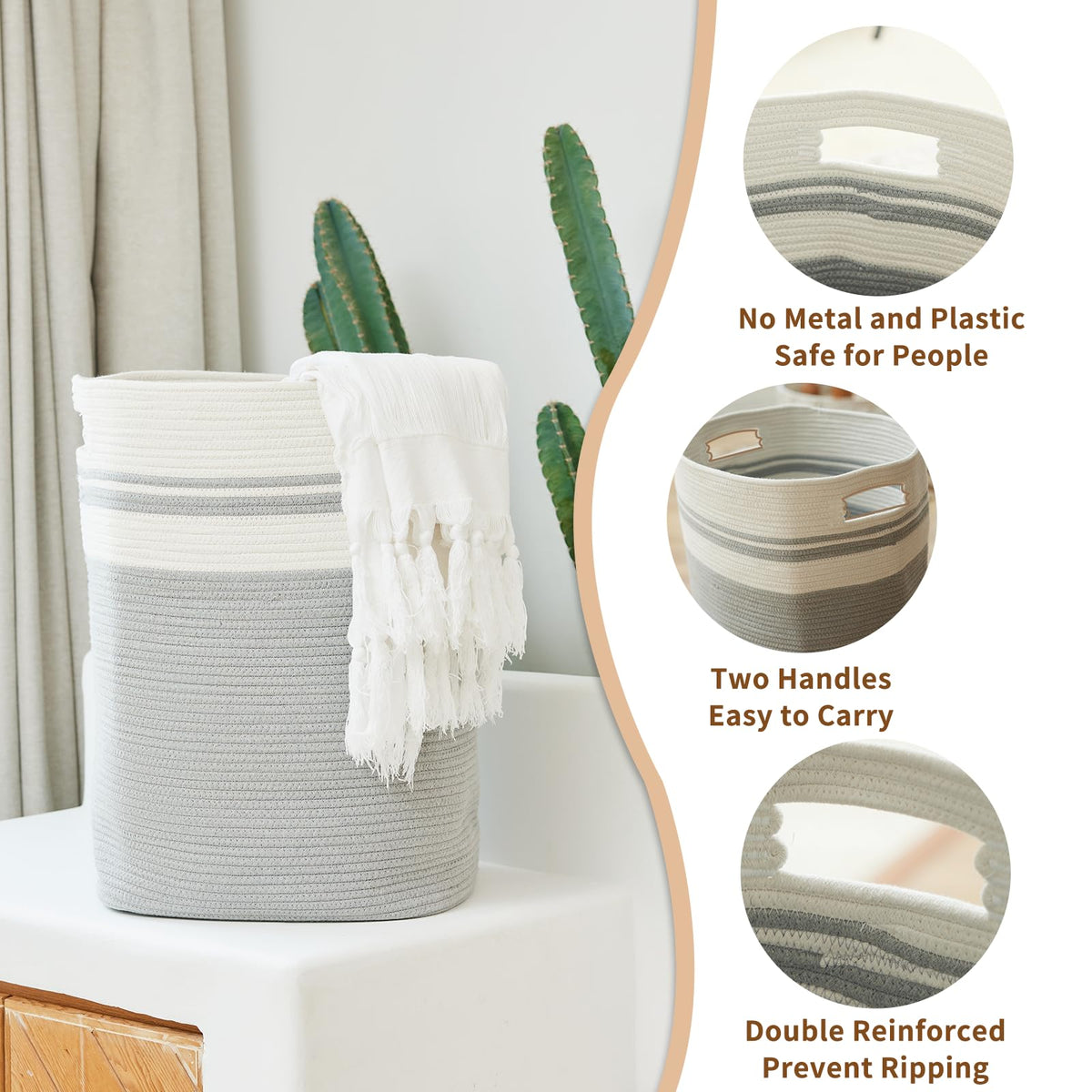 Casaphoria Woven Rope Laundry Hamper, Bin for Living Room, Storage Basket, Blanket Container, Dirty