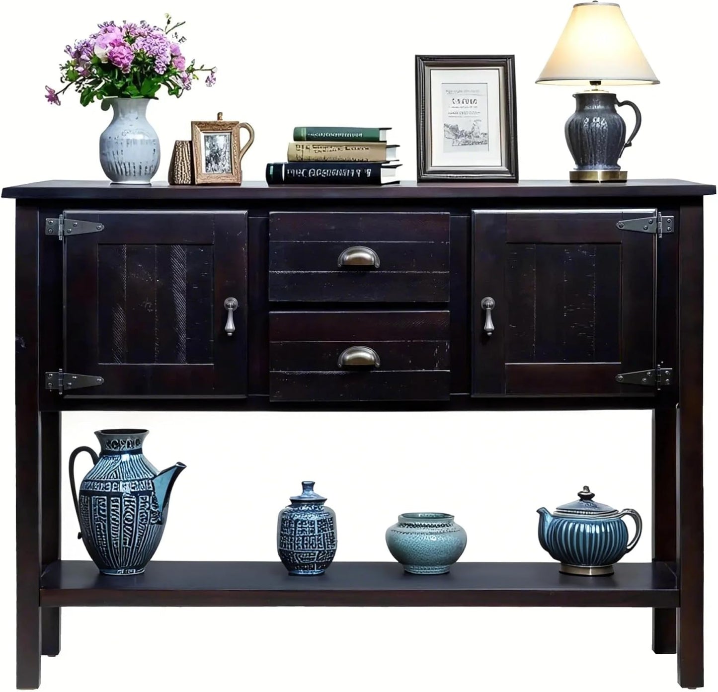 Solid Wood Farmhouse Console Table,Sofa Table with Storage Drawers and Shelves,Entryway Table for