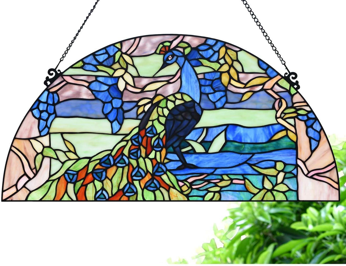Bieye W10093 Peacock in Garden Tiffany Style Stained Glass Window Panel for Home Decor (Blue