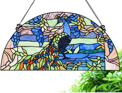 Bieye W10093 Peacock in Garden Tiffany Style Stained Glass Window Panel for Home Decor (Blue