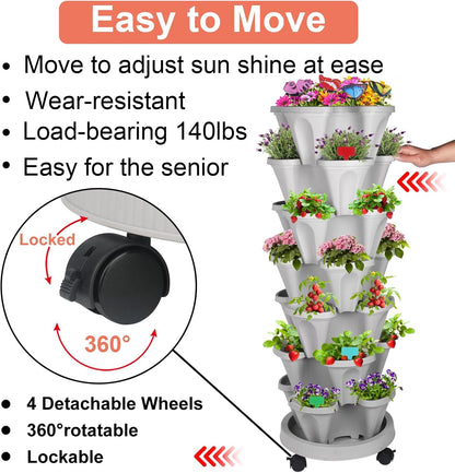 Vertical Planter, 7 Tier Stackable Strawberry Planter with Garden Tool Set, Movable Indoor/Outdoor