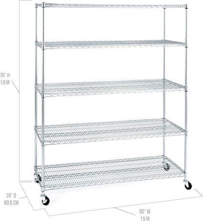 Seville Classics UltraDurable Heavy Duty NSF Solid Steel Wire Rack Storage Unit Wheels, 5-Tier