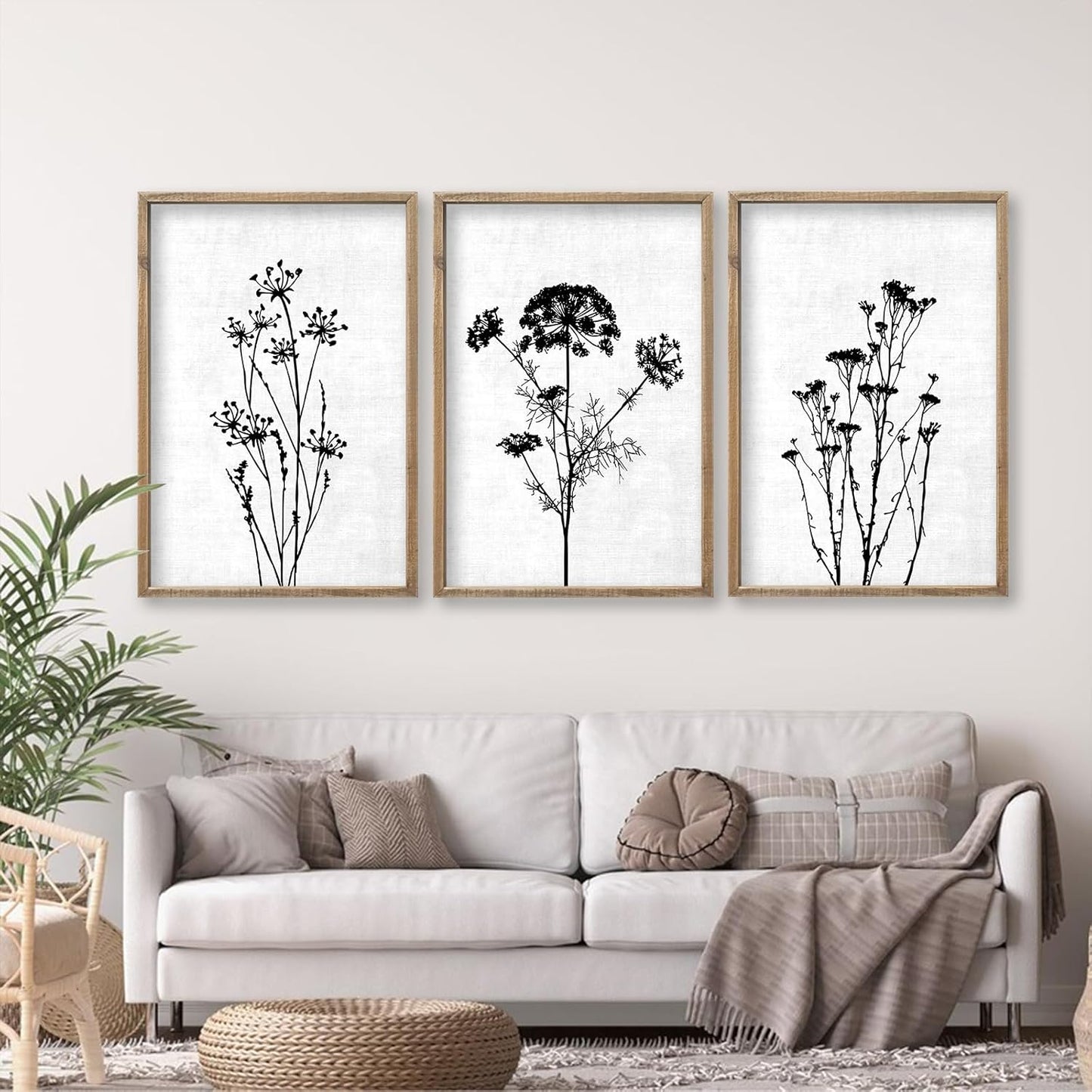 Flower Plant Wall Art Decor 16"x11" Set of 3 Black And White Botanical Painting Wood Framed For