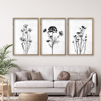 Flower Plant Wall Art Decor 16"x11" Set of 3 Black And White Botanical Painting Wood Framed For