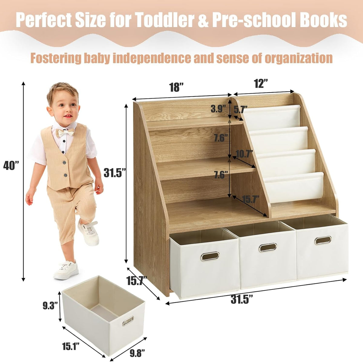 Kids Bookshelf and Toy Storage Organizer, Montessori Nursery Book Shelves with 3 Tier Sling Rack &