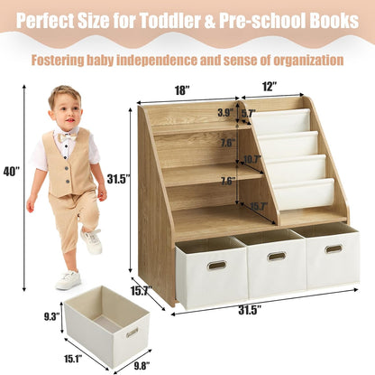 Kids Bookshelf and Toy Storage Organizer, Montessori Nursery Book Shelves with 3 Tier Sling Rack &