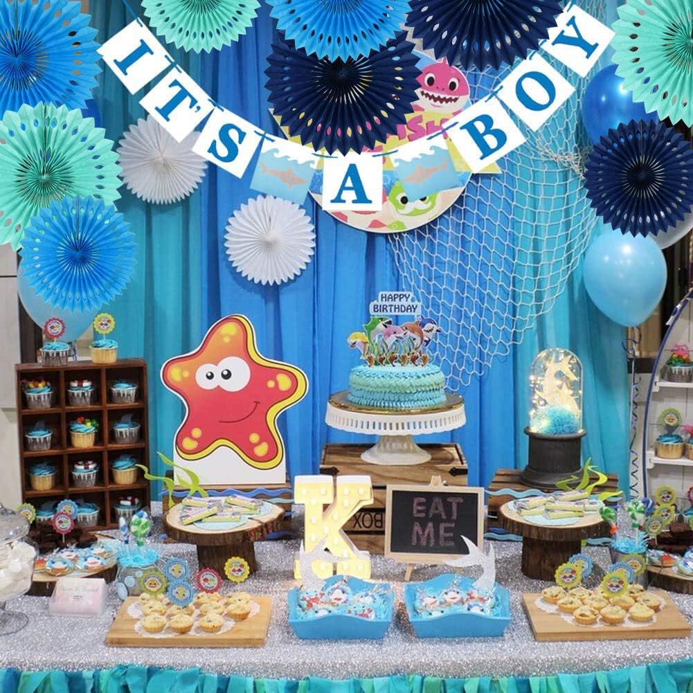 BEISHIDA Blue White Hanging Honeycomb Round Paper Fans Decoration Kit for Baby Boy Shower 1st