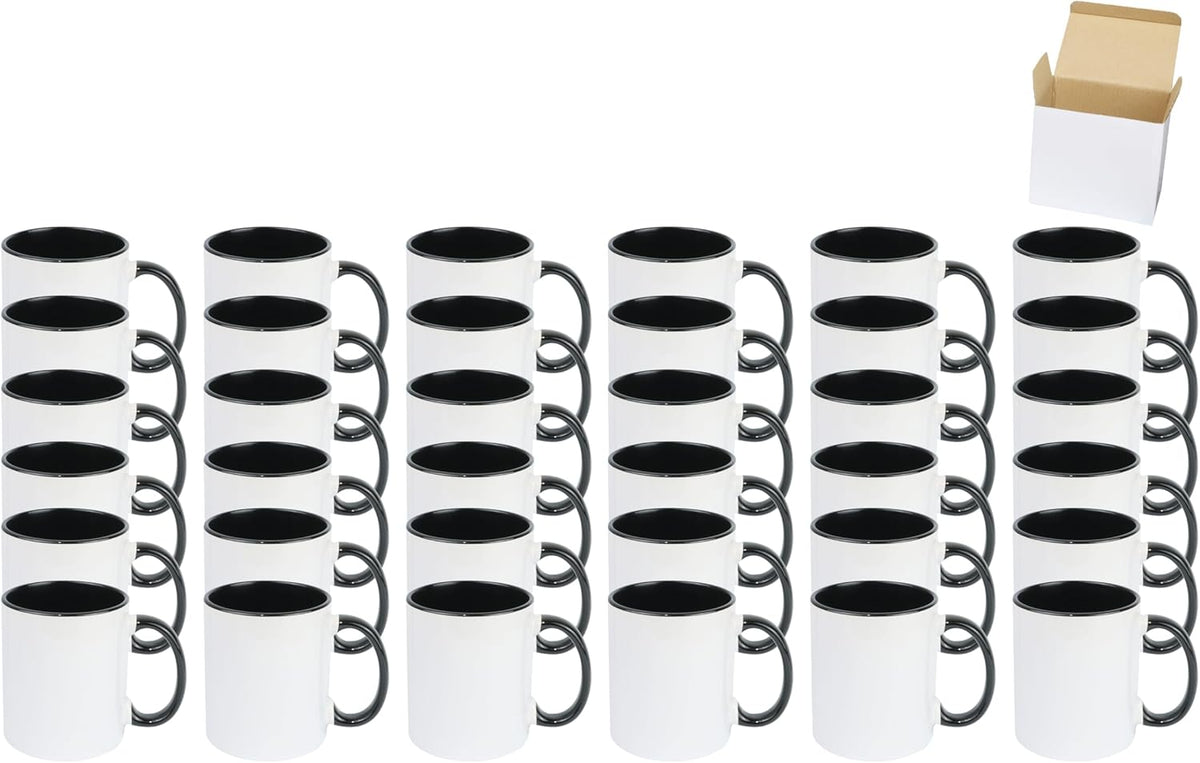 11oz White Ceramic Sublimation Coffee Mug in White Gift Box, Black, Case of 36