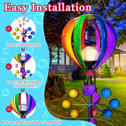 Solar Wind Spinner Outdoor - Hot Air Balloon Wind Spinners, Metal Garden Decor with LED Lights