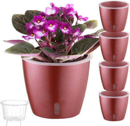 Self Watering Pots for Indoor Plants, 4-Pack 6.7'' Self Watering Planter with Drainage Holes, Small