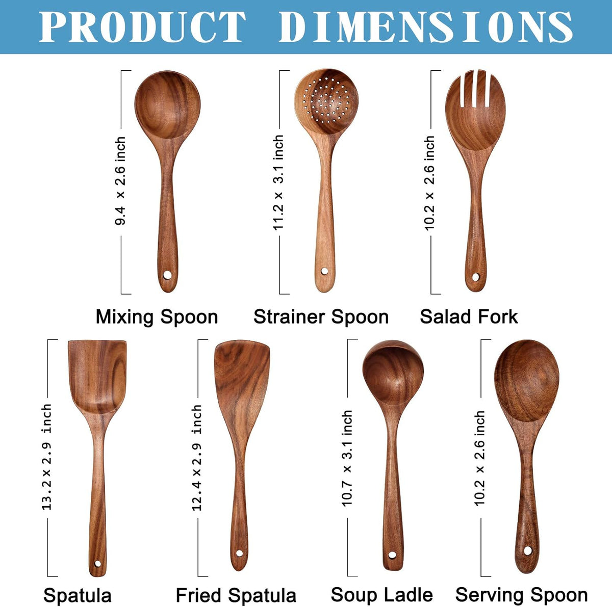 Wooden Non-Stick Kitchen Pan Toolset 7 Pieces Set,100% Natural Teak Kitchen Utensils Spatula