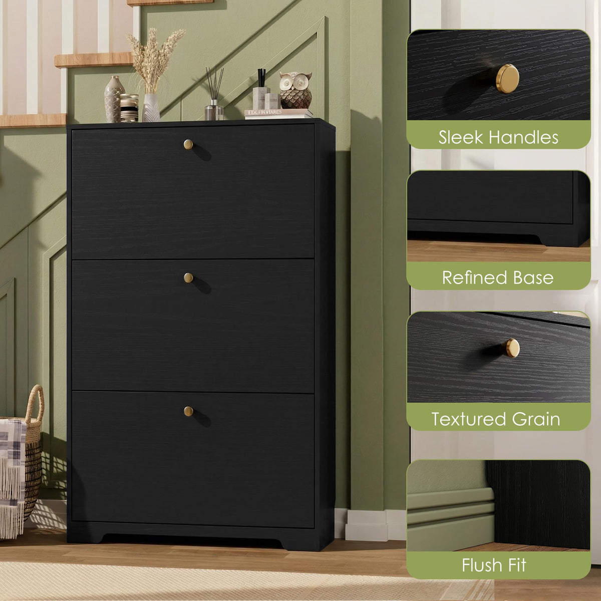 Nicetree Shoe Cabinet with 3 Flip Drawers, Narrow Shoe Organizer Cabinet, Freestanding Shoe Rack