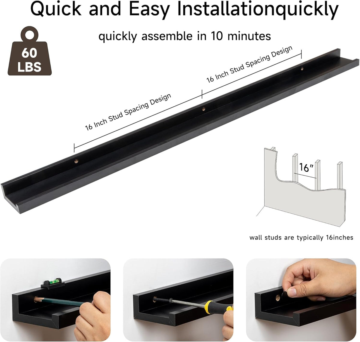 Fun Memories Picture Ledge Shelf, 48 Inch Floating Shelves Set of 2, Large Nursery Book Shelves for