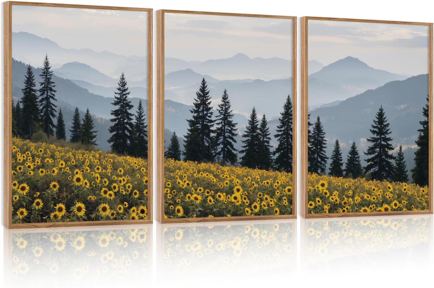 HPINUB Boho Sunflowers Landscape Framed Canvas Wall Art Set,Nature Pine Tree Wall Decor,Abstract