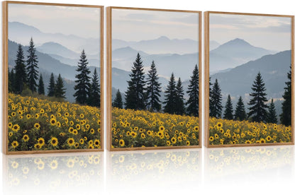 HPINUB Boho Sunflowers Landscape Framed Canvas Wall Art Set,Nature Pine Tree Wall Decor,Abstract