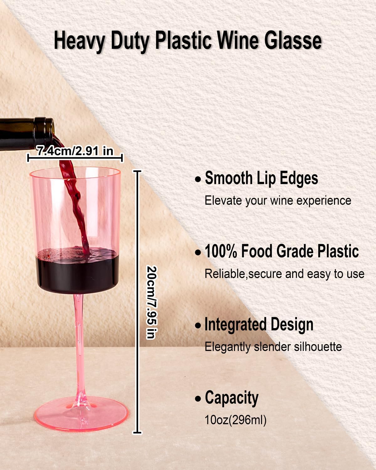 Ciaell 12 Pack Pink Plastic Wine Glasses - 10 Oz Disposable Wine Glasses with Stem for Parties &