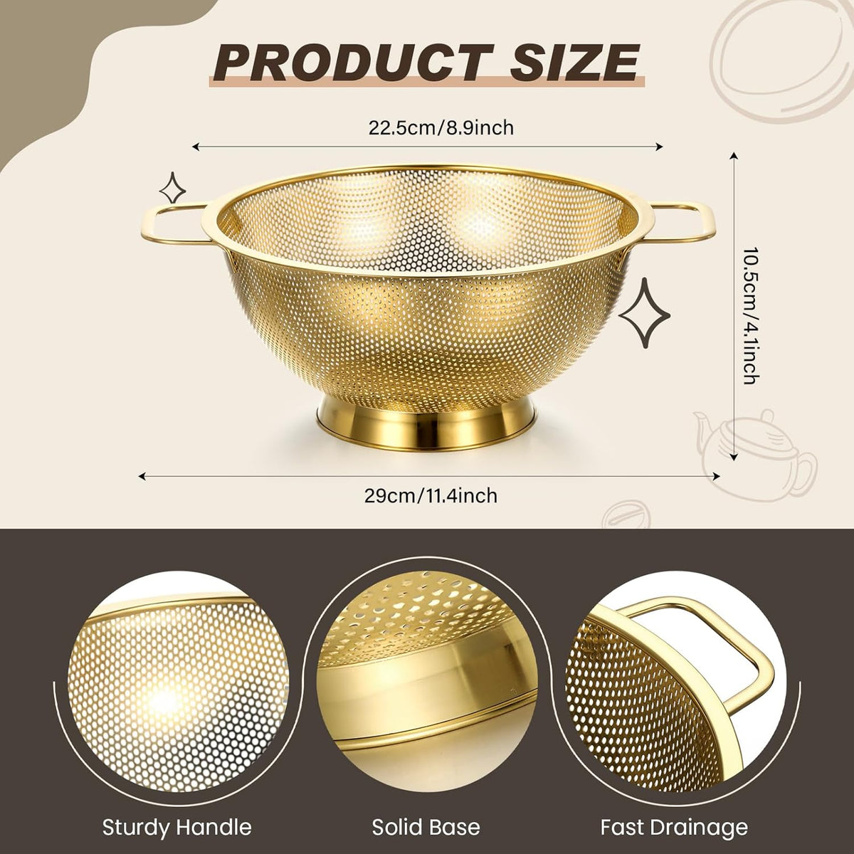 Norme 3 Quart Stainless Steel Gold Colander Gold Fine Mesh Strainer, Stainless Steel Pasta Rice