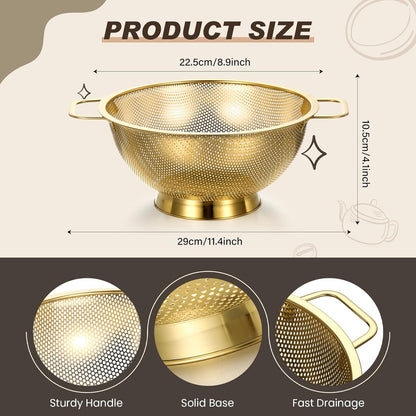 Norme 3 Quart Stainless Steel Gold Colander Gold Fine Mesh Strainer, Stainless Steel Pasta Rice