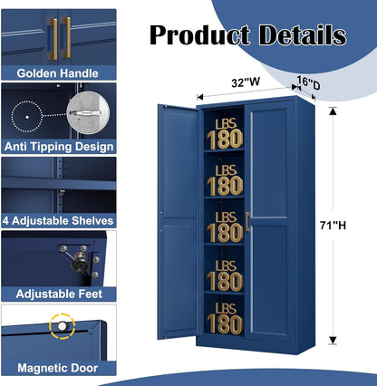 Kitchen Pantry Cabinet,71”Blue Metal Pantry Storage Cabinets with Doors and 4 Adjustable