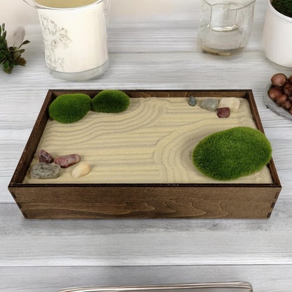 Wooden Stackable Zen Garden | Desert Luxe Sand with Rake & Accessories | Minimalist Decor Gift for