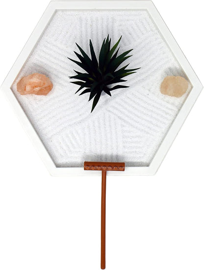 Nature's Mark Mini Zen Garden Kit for Desk with White Sand, Rake, White Base, Salt Rock and Air