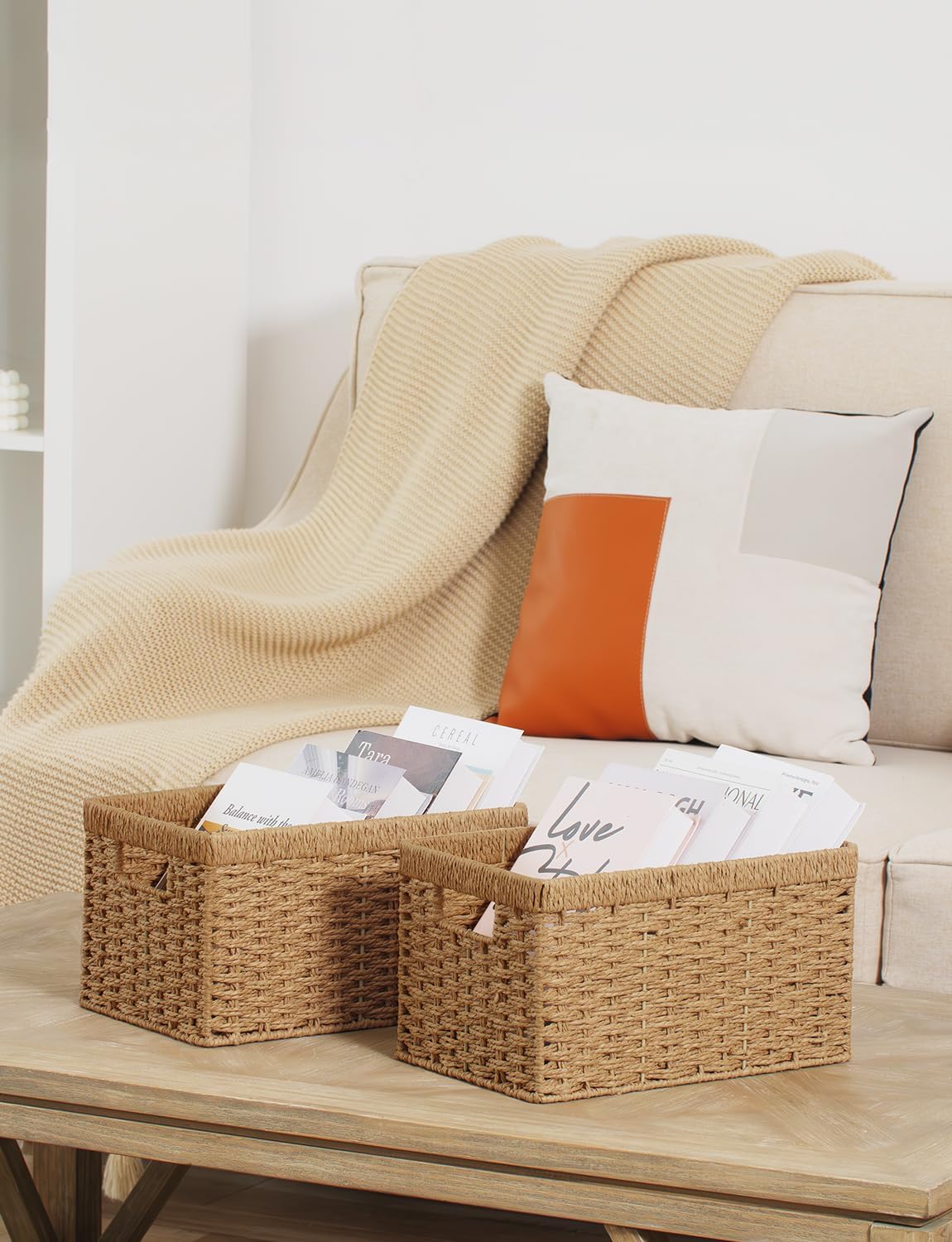 StorageWorks Round Paper Rope Storage Baskets, Rectangular Wicker Baskets with Built-in Handles