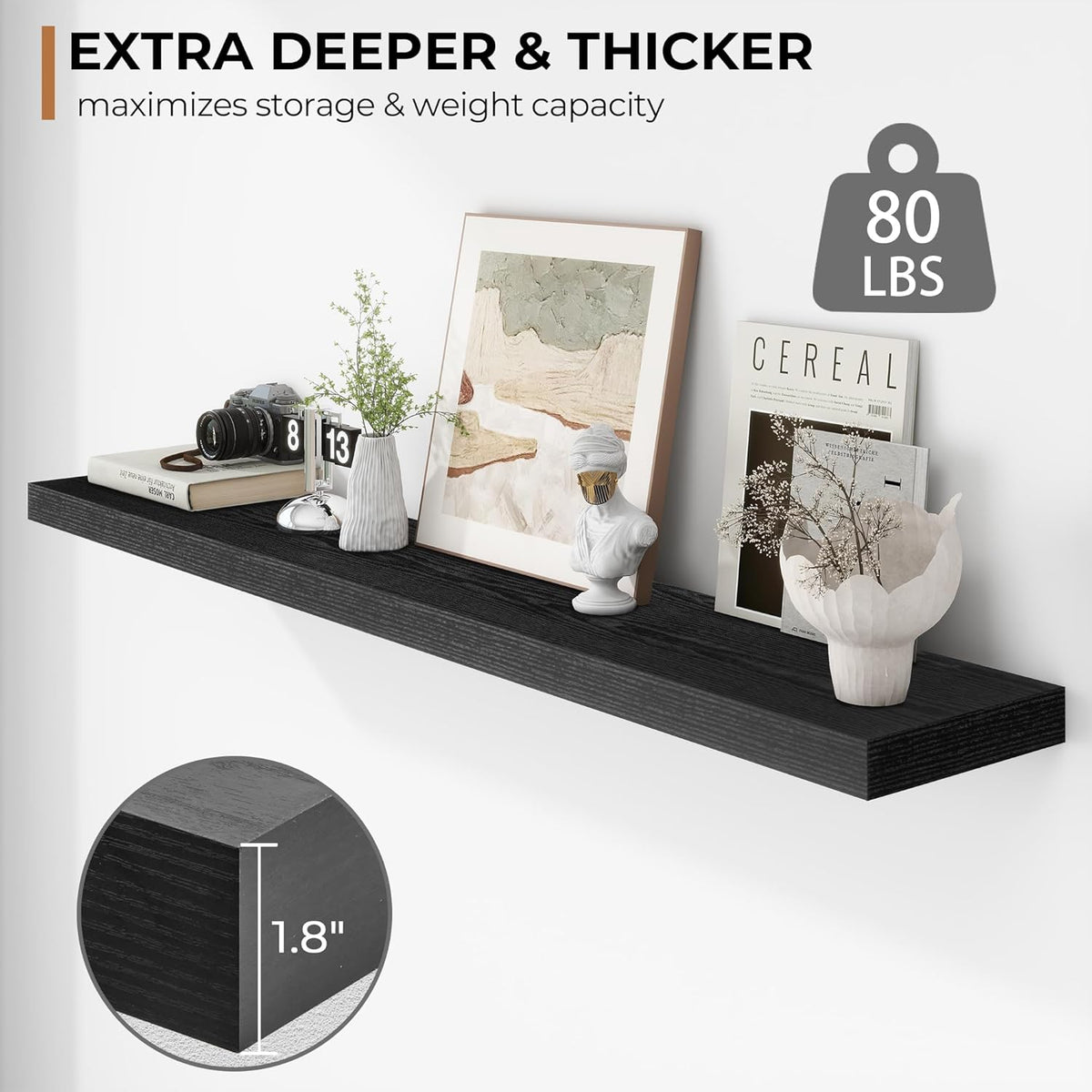 Fun Memories 55 Inch Floating Shelves - 9 Inch Deep Rustic Wooden Wall Shelves - Extra Deeper &