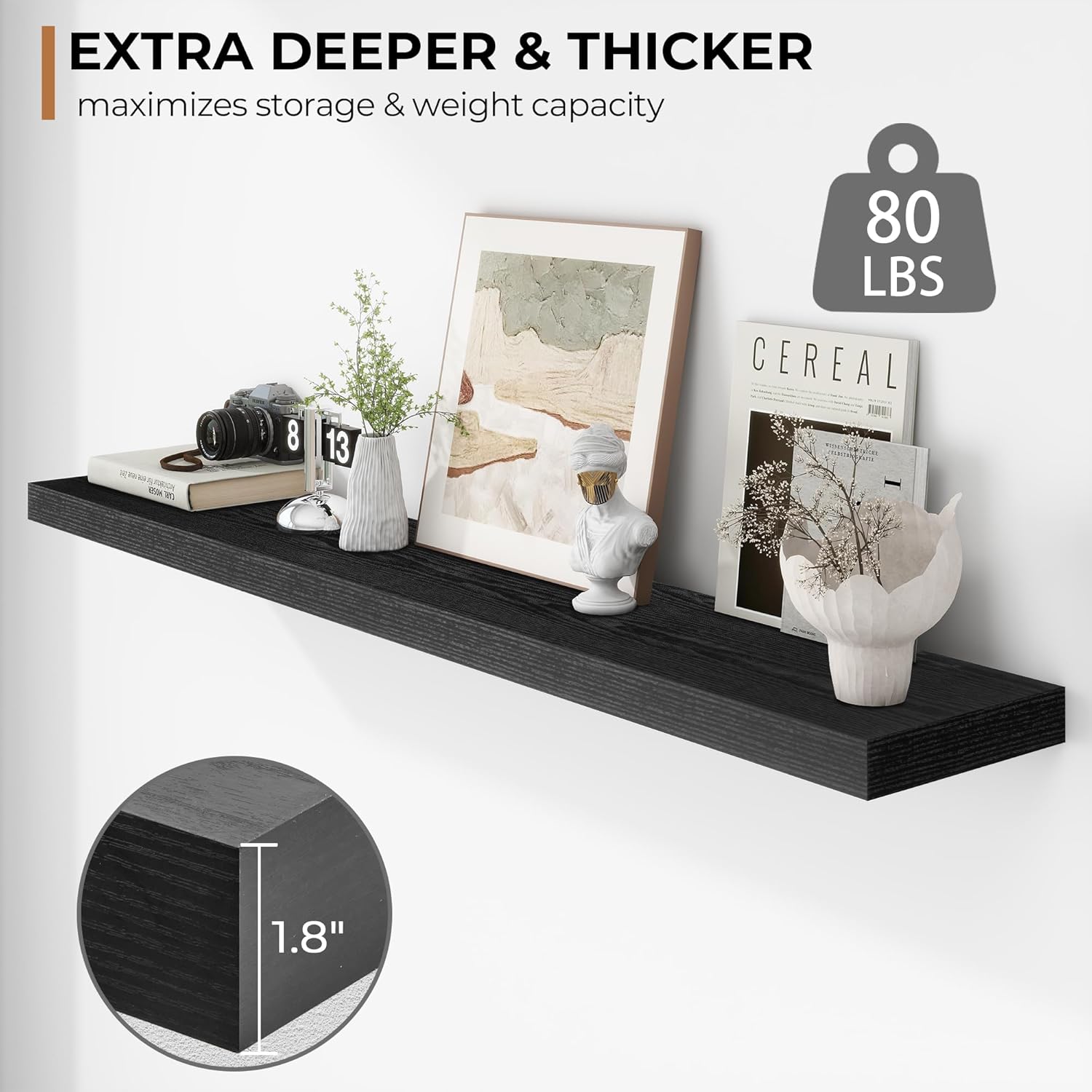 Fun Memories 55 Inch Floating Shelves - 9 Inch Deep Rustic Wooden Wall Shelves - Extra Deeper &