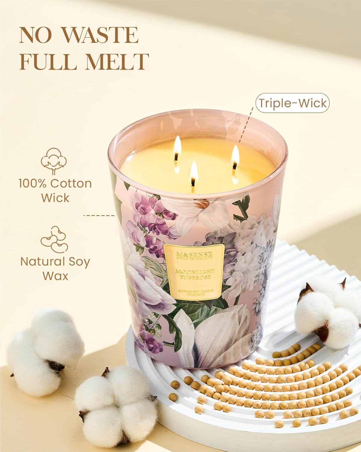 M&SENSE Moonlight Tuberose Large Candles for Home Scented, Natural Soy Long Lasting Slow Burning