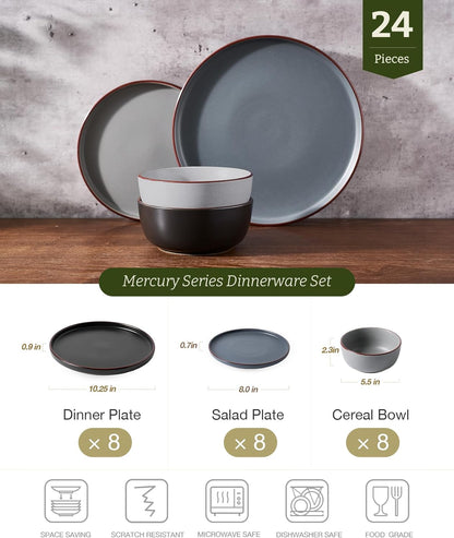Famiware Mercury 24 Pieces Dinnerware Sets, Plates and Bowls Sets for 8, Microwave and Dishwasher
