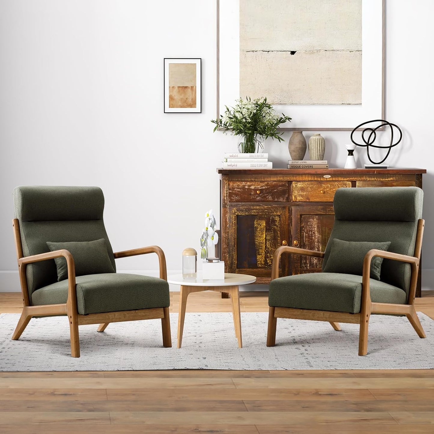 INZOY Mid Century Modern Accent Chair Set of 2, High Back Reading Armchair with Wood Frame