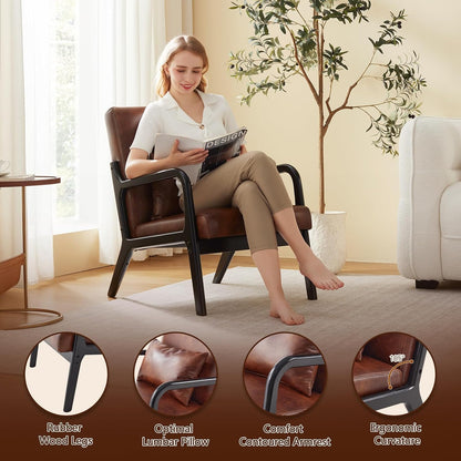 Accent Chair Mid Century Modern Armchair with Lumbar Support Pillow Wood Legs PU Leather