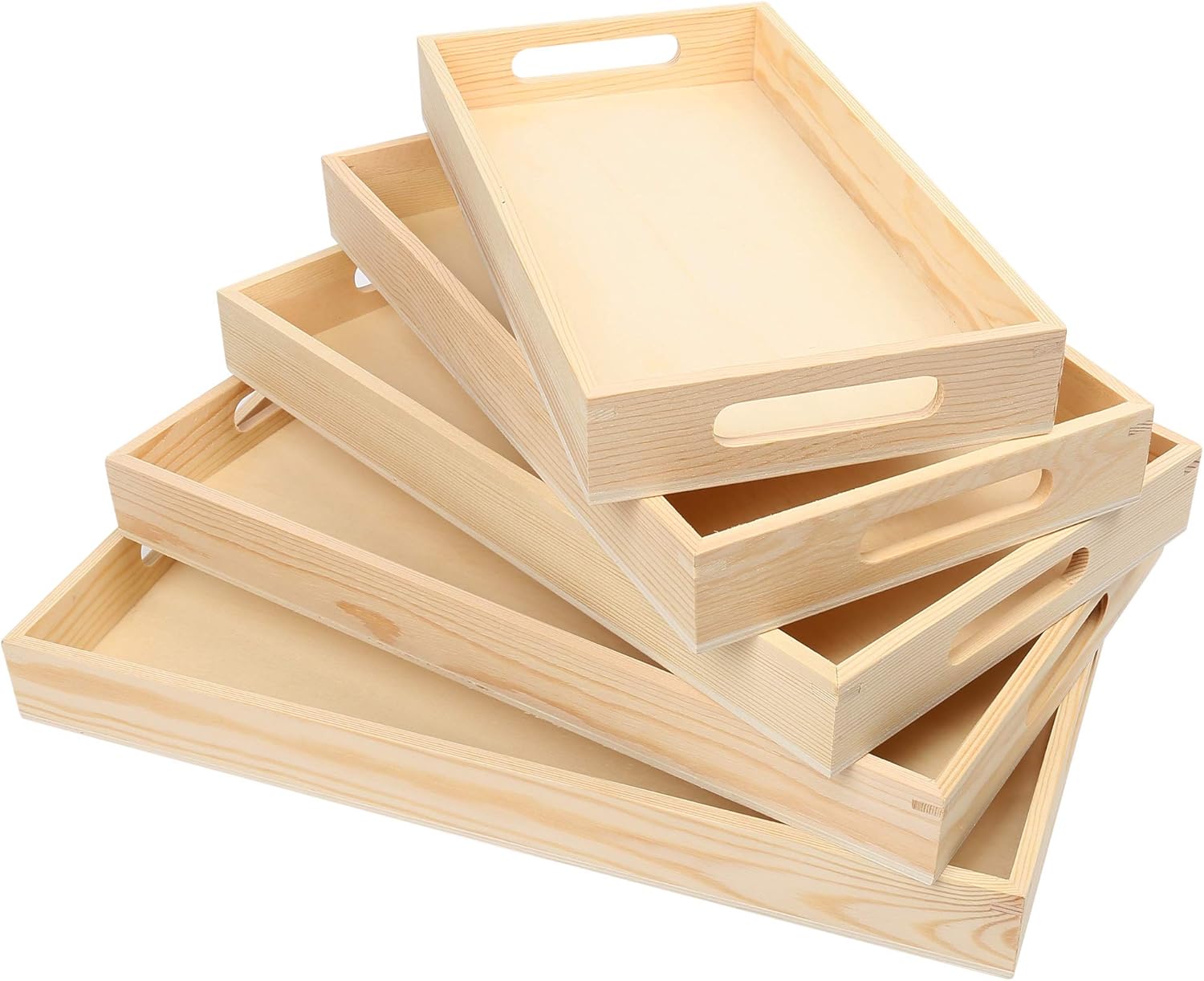 LotFancy Wooden Nested Serving Trays, Set of 5, Unfinished Natural Wood Trays with Handles, for