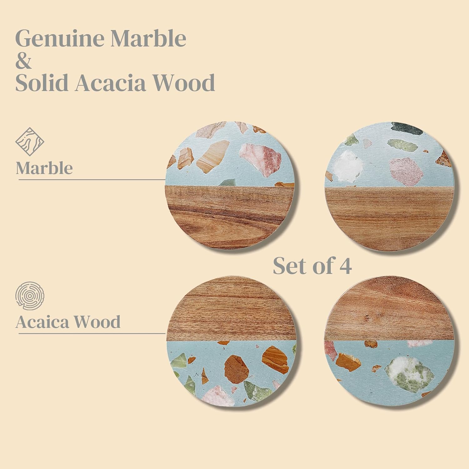Drink Acacia Wood-Marble Coasters Set of 4,Cup Coaster for Coffee,Beverage,Cute Modern Cool