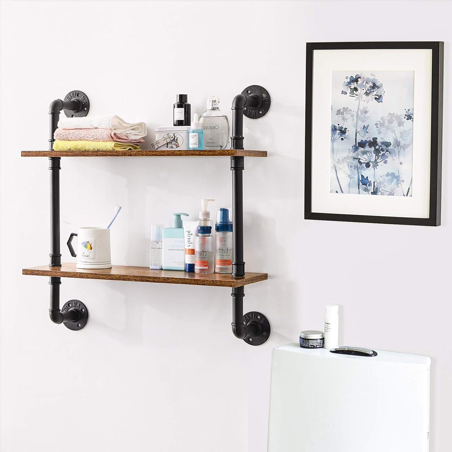 IBUYKE 26" Pipe Floating Shelves,2-Tiers Industrial Pipe Shelves, Rustic Wall Mount Bookshelf,Metal