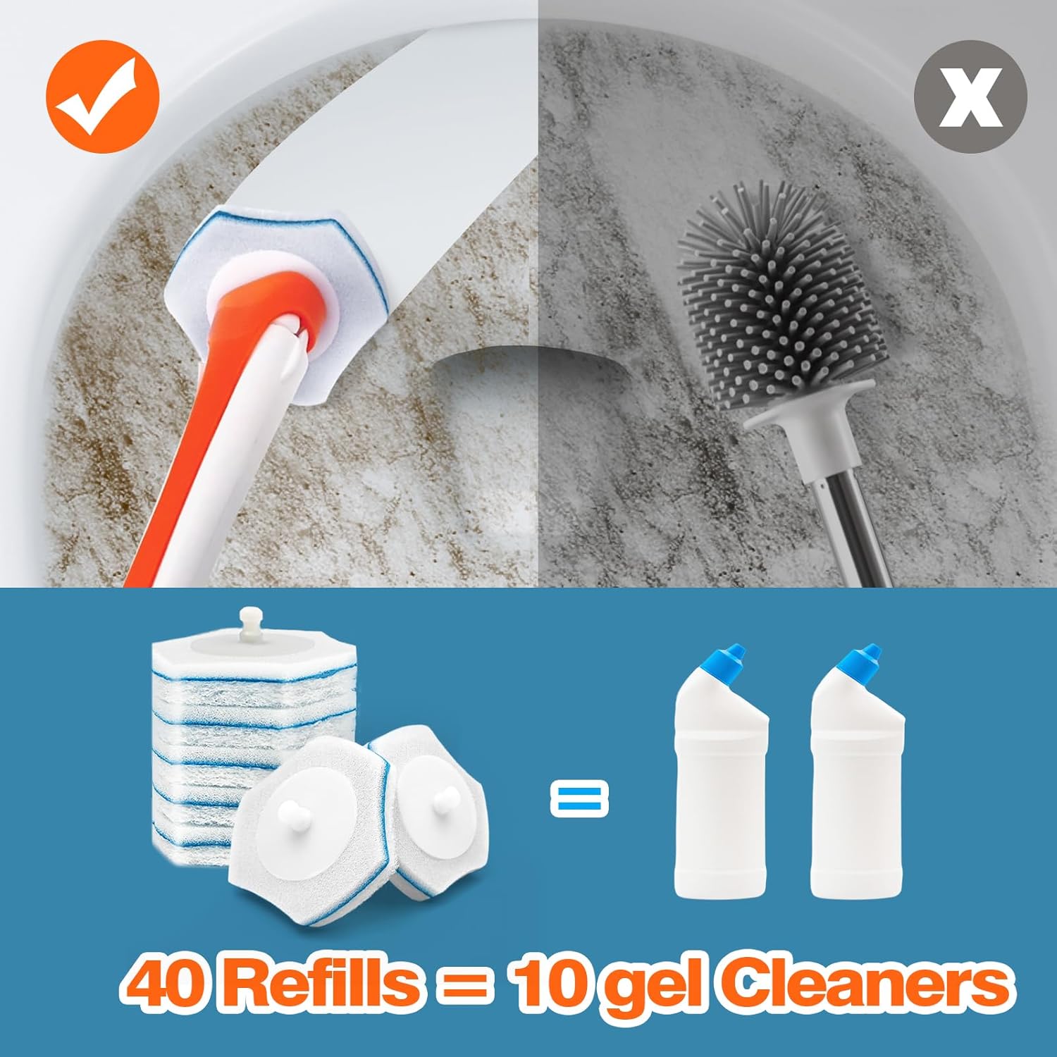 JEHONN Disposable Toilet Bowl Cleaner Wand with 40 Cleaner Refills, Wall Mounted Long Handle