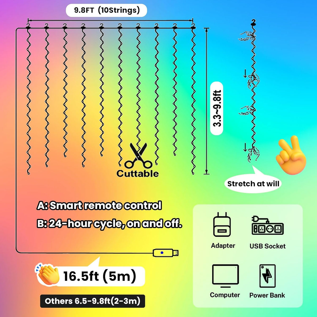 HXWEIYE 300LED Multicolor Fairy Curtain Lights with Remote 8 Modes Timer for Bedroom, 9.8x9.8Ft USB