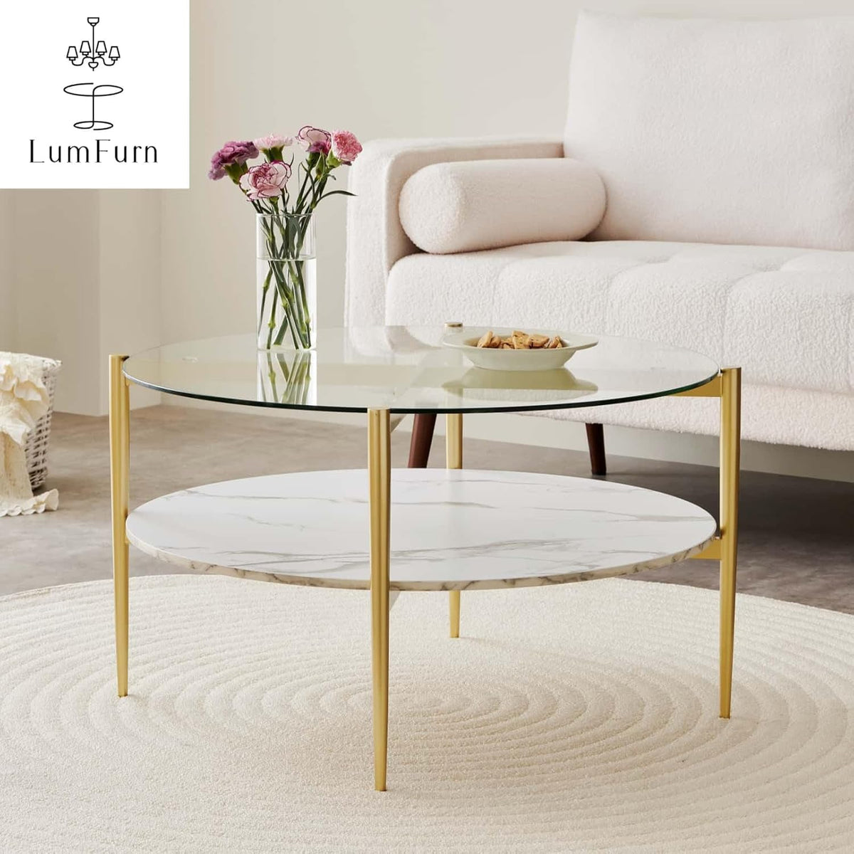 Round Coffee Table for Living Room, Mid-Century Modern Design, D30 x H17, 2-Tier Structure, Clear