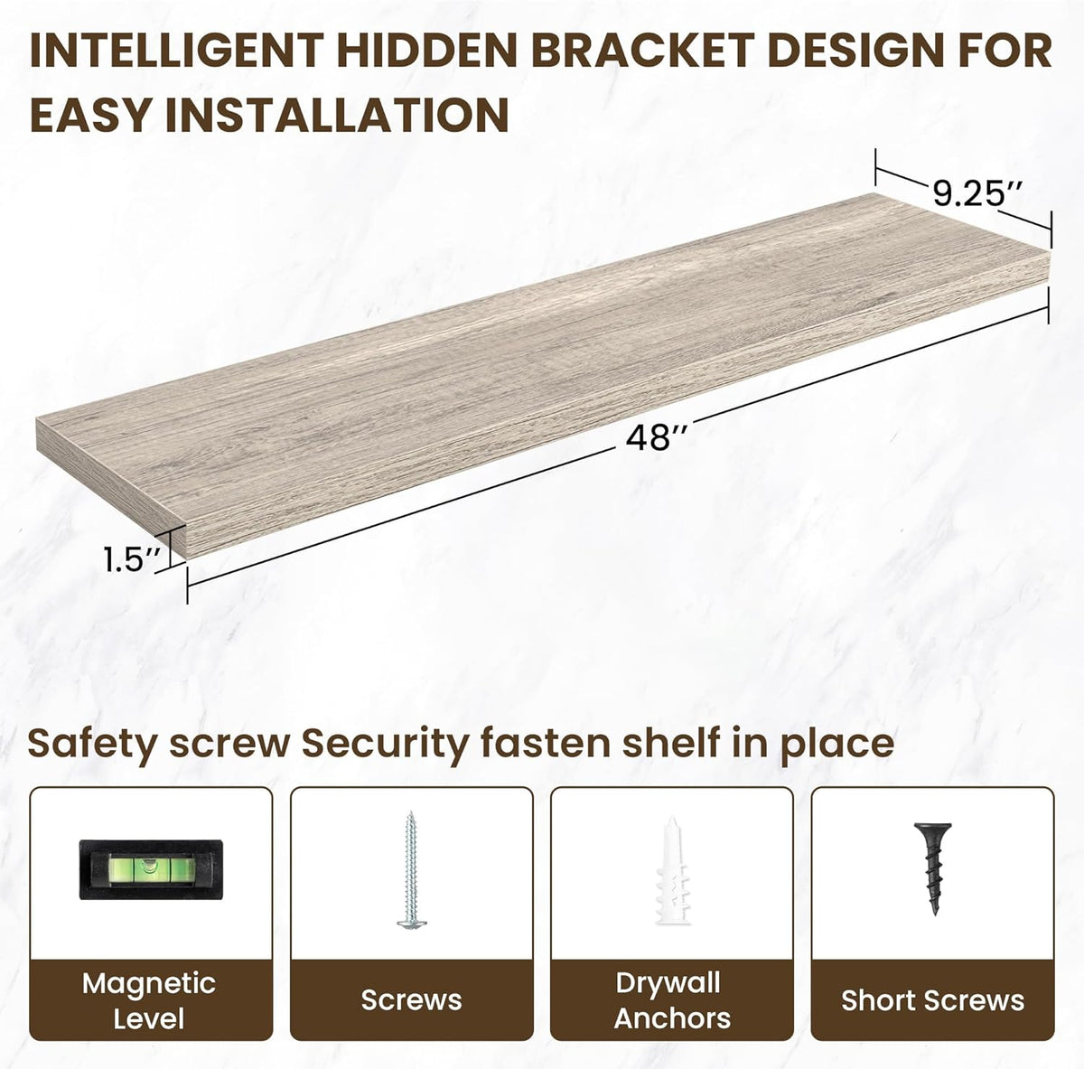 48 Inch Floating Shelves, 3D Textured Wood Grain, 48"x9.25"x1.5" Inch Deep Floating Shelves for