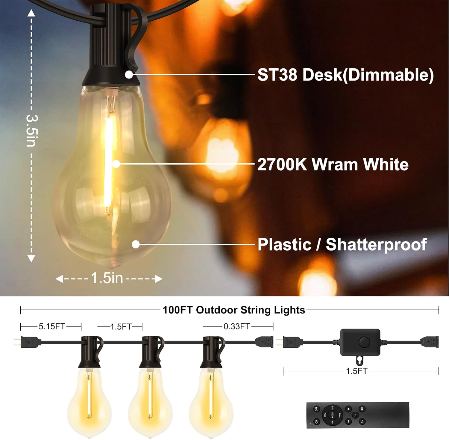 100FT Outdoor String Lights Waterproof with 64+4 Bulbs (1.5FT Bulbs Spacing), Remote & Dimmer