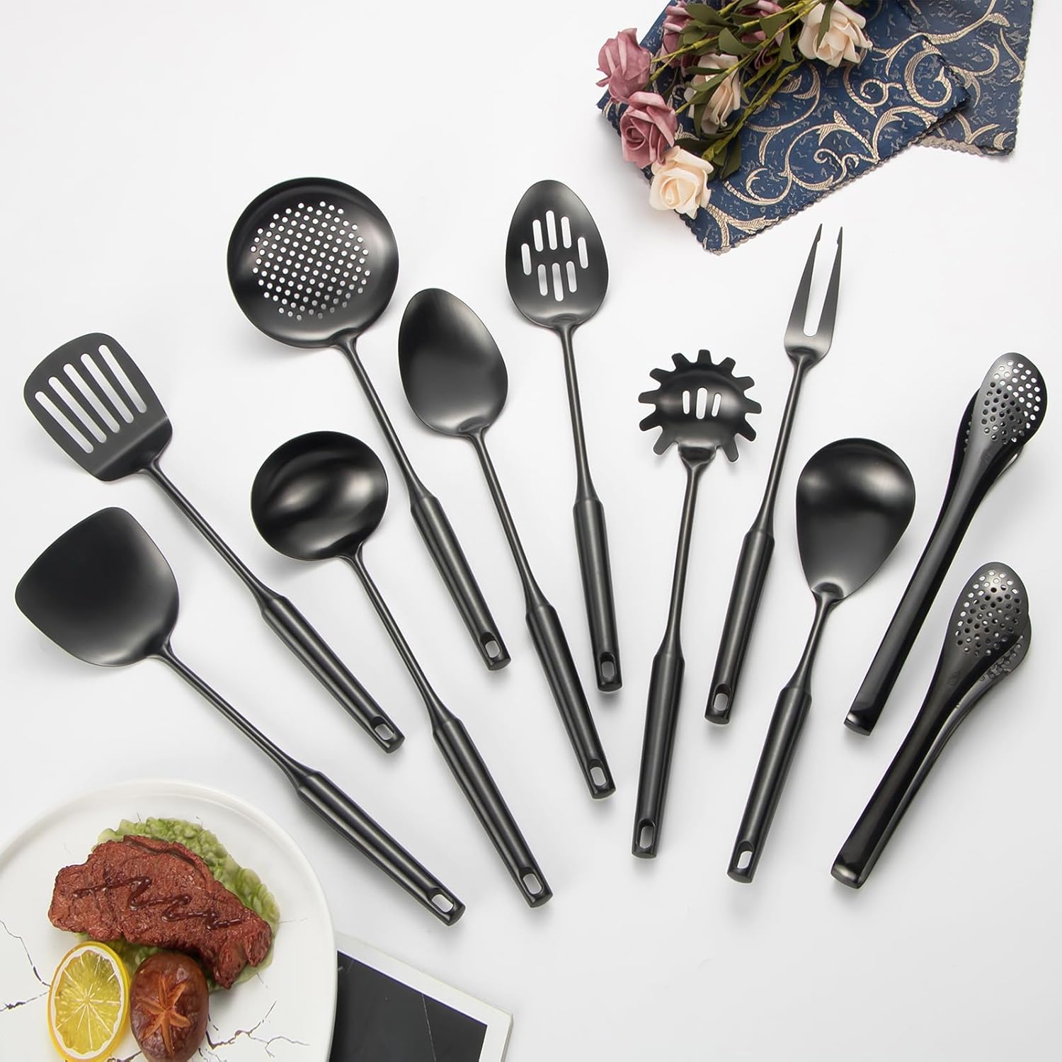 304 Stainlss Steel Matte Kitchen Utensils Set, 11 Pcs Long Metal Cooking Utensil Gadgets Tools Set